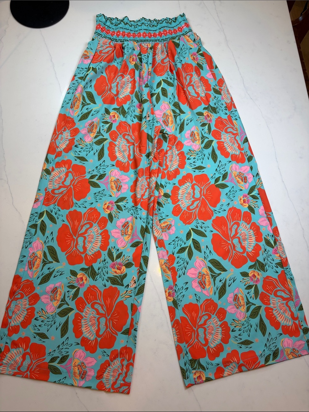 Womens Floral Wide-Leg Pants - Turquoise & Orange